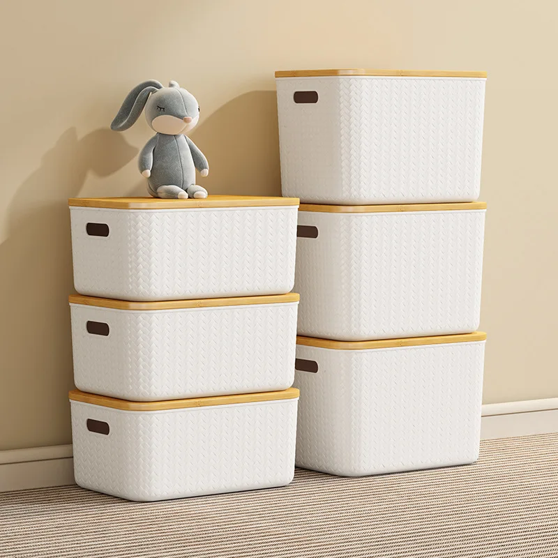 Plastic storage basket toy sundry desktop storage makeup organizer with bamboo lid storage containers for living room