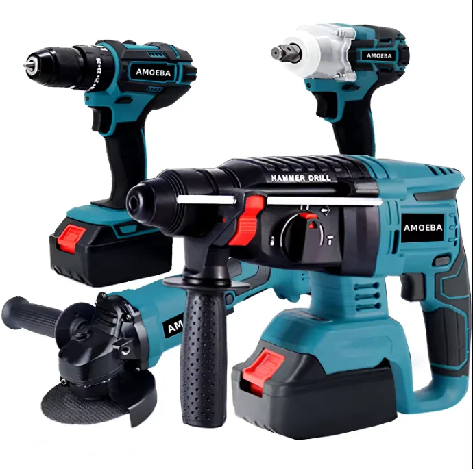 4 in 1 Power Tool Set 21V Brushless Li-ion Battery Cordless Drill Hammer Wrench Electric Tool Set
