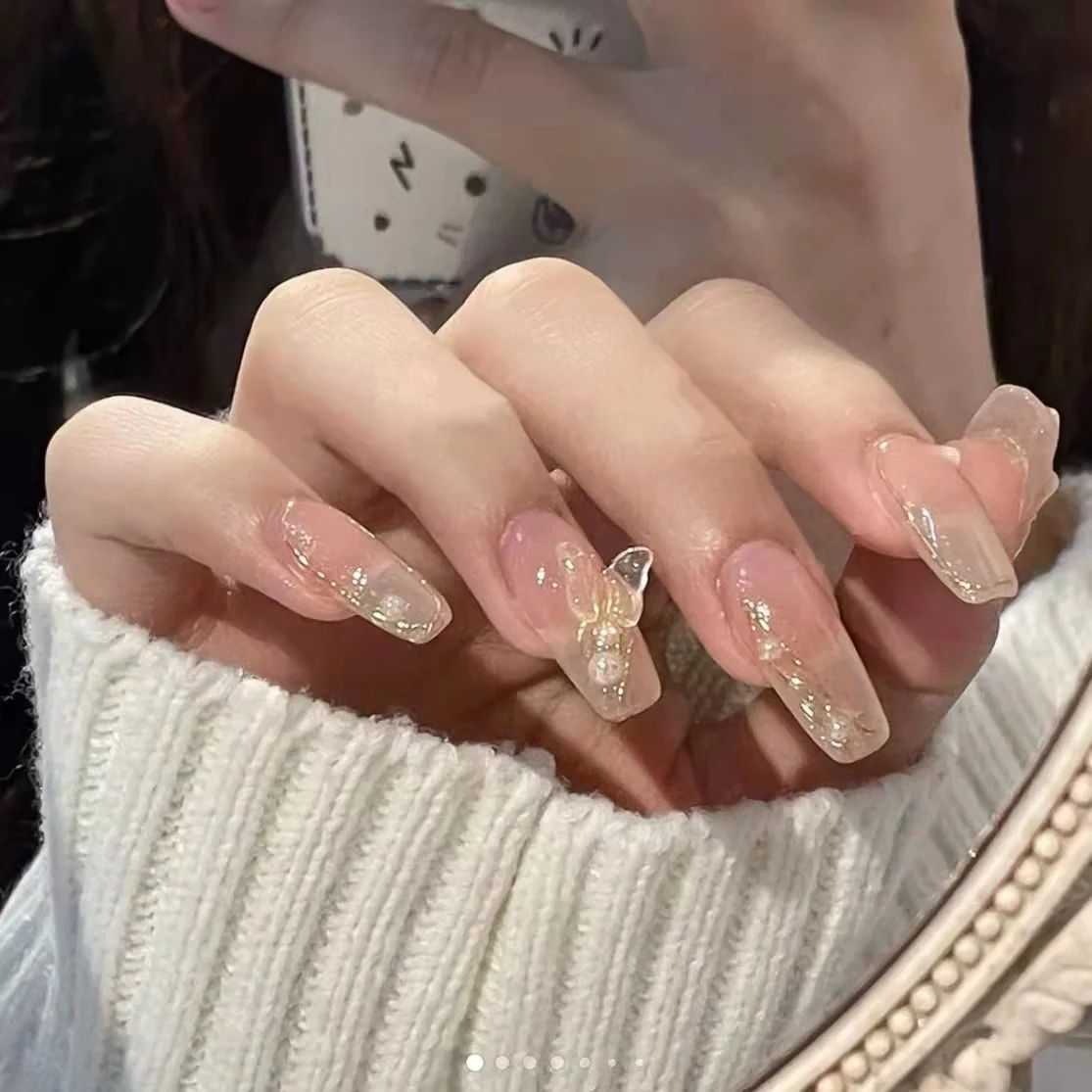 Ice Through Nail Butterfly Deluxe With Pearl Set with glue detachable strap wrap finger wear nail plate