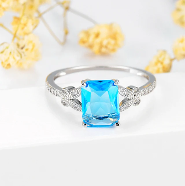Custom New  Cushion Cut Butterfly Pure White Gold Plated Blue Crystal Cubic Zircon Copper Ring For Wedding