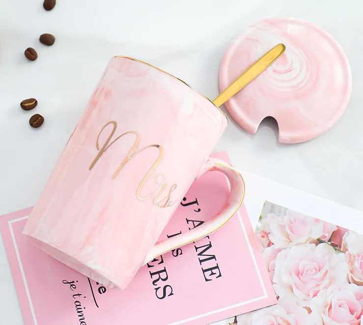 14oz Pink Grey  Mr Mrs Souvenir Wedding Gift Couple Lover Reusable Ceramic Marble Coffee Tea Mug