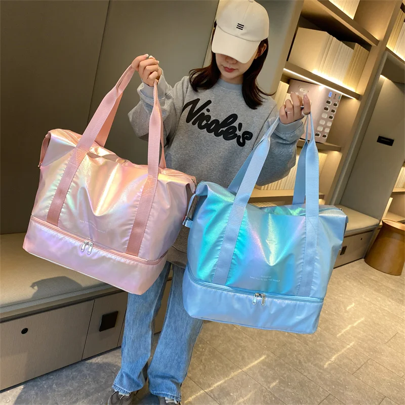 Pearlescent Color Wet Dry Separation Short Trip Carryall Yoga Gym Duffel Travel Weekender Bag With Independent Shoe Warehouse
