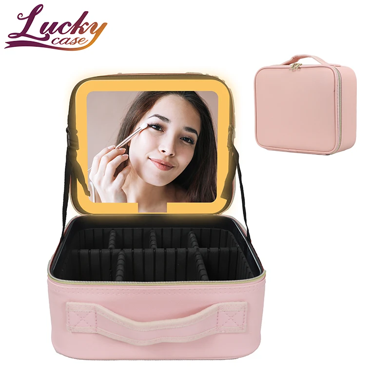 Pu Makeup Bag with Led Mirror Lighted Make Up Travel Bag with Dividers Cosmetic Vanity Bag Case