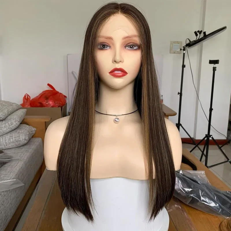 100% европейские натуральные волосы кружевной топ еврейский парик выделенный коричневый/медовый светлый Кошерный для женщин