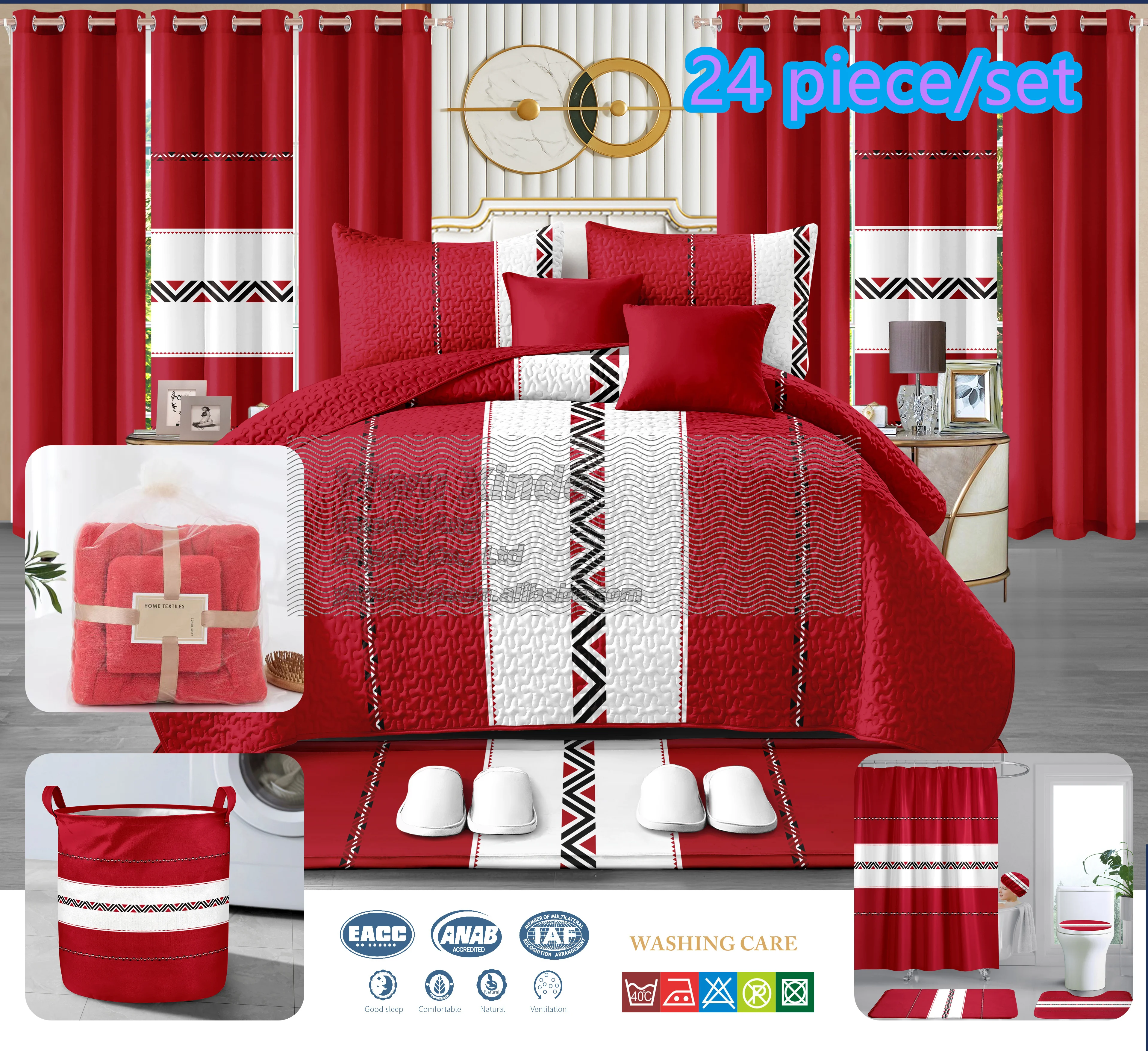 Ready to ship 24pcs bedspread set with matching curtains bathroom sets luxury quilted sheet king size 100% polyester coverlet