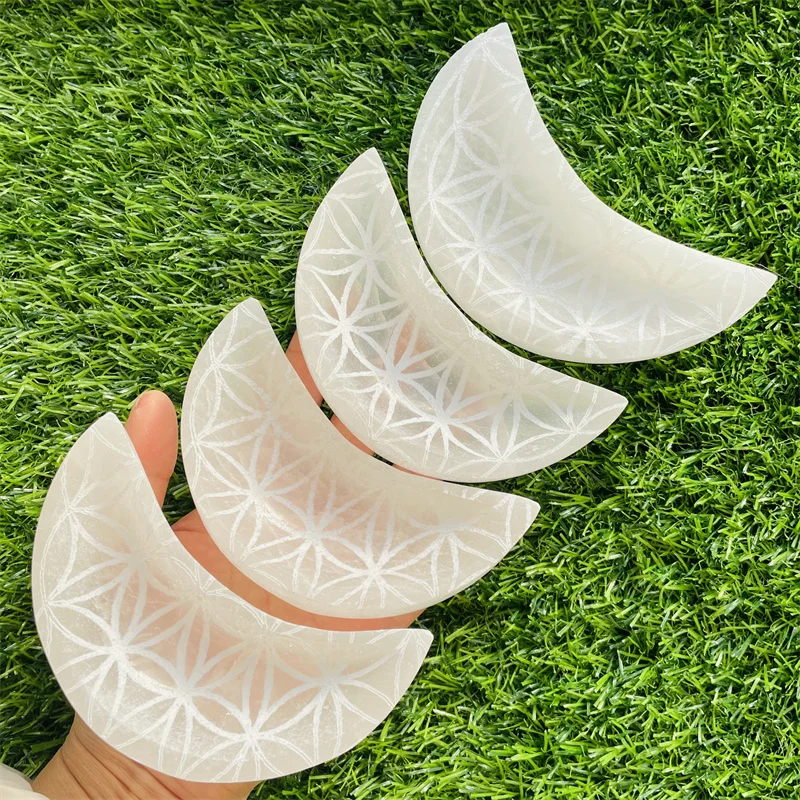Natural Healing Gemstone Creative Flower Of Life Crystal Crafts Moon Shape Selenite Bowl  For Sale