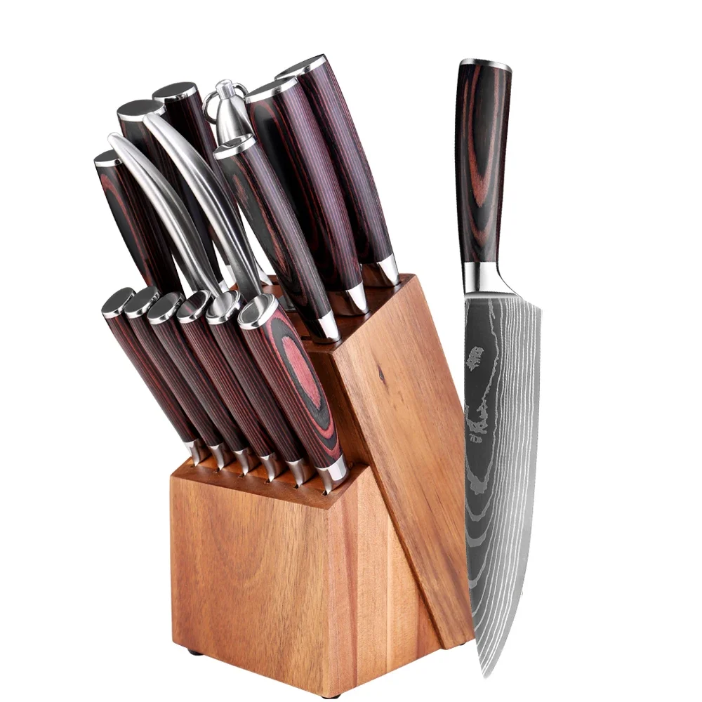 Professional chef knife 15-piece Japanese Kitchen Knife Set Ultra Sharp for Very Fast Cutting With holder Scissor Sharpening Rod