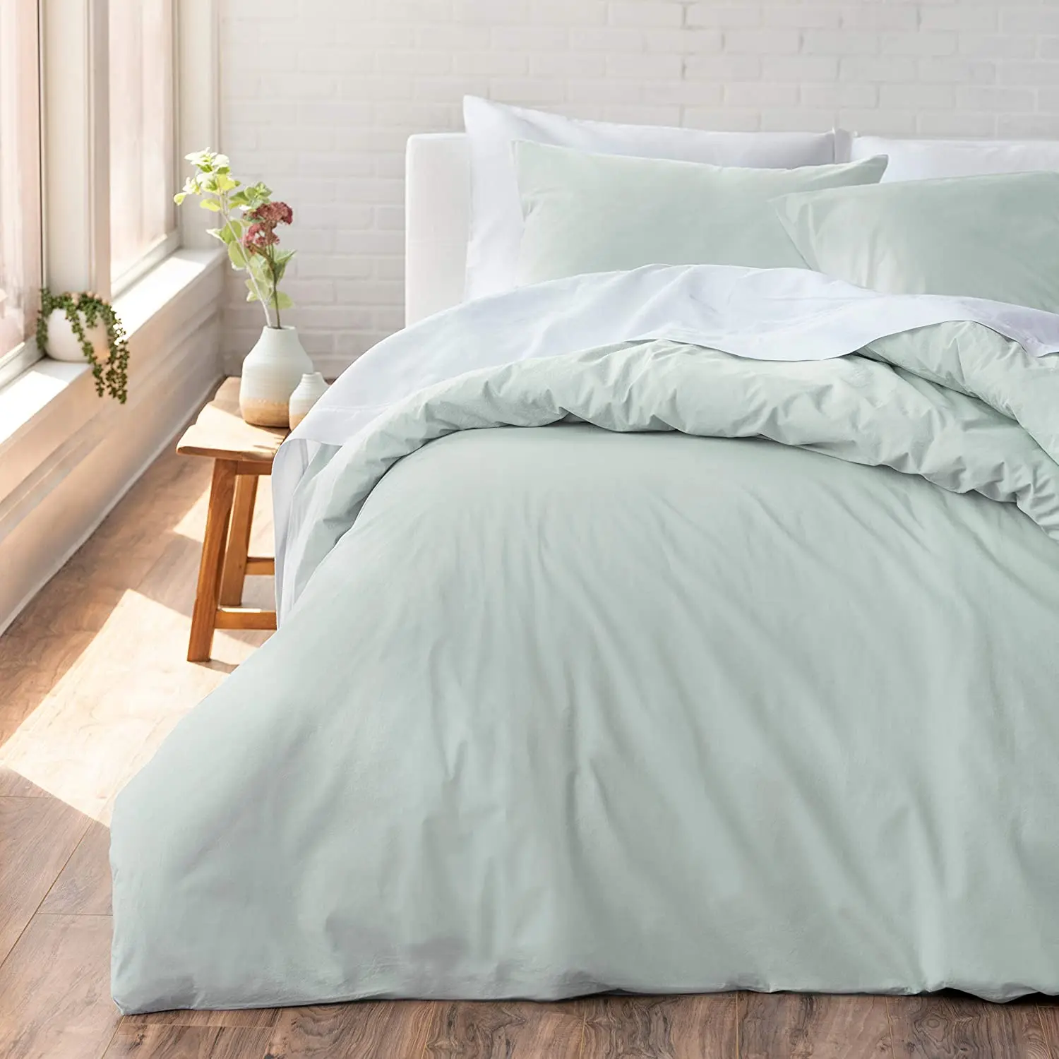 Cozy 100% Cotton Percale Washed Reversible Duvet Cover Set | Full/Queen Size (Seafoam)
