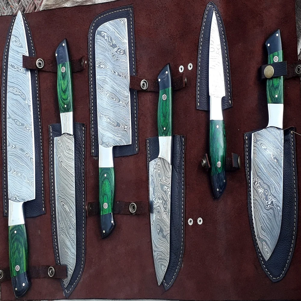 
DAMASCUS STEEL RANDOM PATTERN PROFESSIONAL CHEF SET WITH 5 KNIVES AND ONE CLEAVER FOR KITCHEN WITH WOOD HANDLE AND LEATHER KIT 