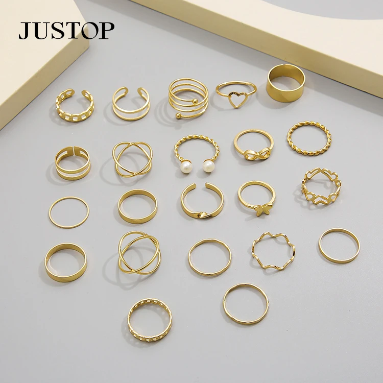 20pc/set Hollow Love Butterfly Female Ancient Silver Ring Set Pearl Gold Tai Chi Snake Drip Oil Ring Jewelry