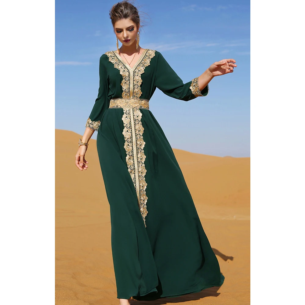 INS trendy woman Kaftan Elegant Dresses Gorgeous Lace Patchwork Belted Turkey Muslim Fashion V-Neck ladies Jellaba dress