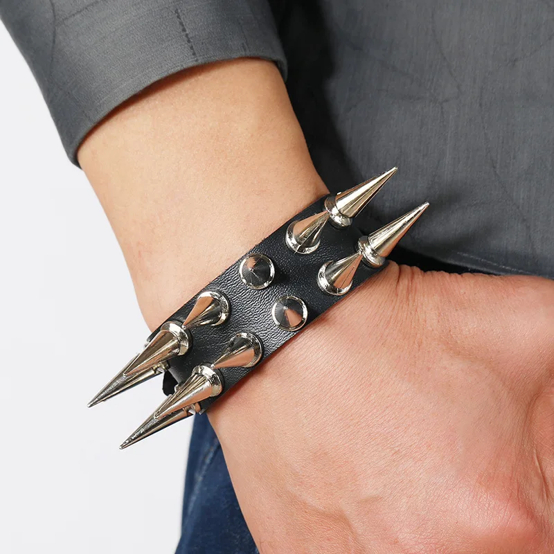 Two Row Punk Gothic Rock Wristbands Cuspidal Spikes Rivet Cone Stud Wide Leather Cuff Bracelet Charm Bangle Unisex Jewelry