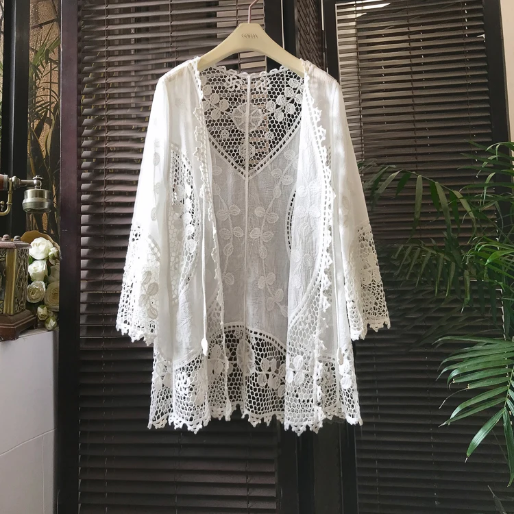 Lace Cover-ups Sun Protection Women Clothing Summer Embroidery Sheer Beach Style White Holiday Open Stitch Kimono