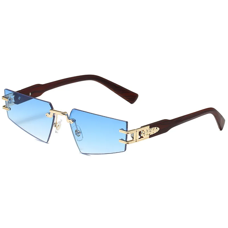 High quality Polygonal retro wood grain durable metal hinge silicone nose pad fashion UV400 frameless sunglasses for men women