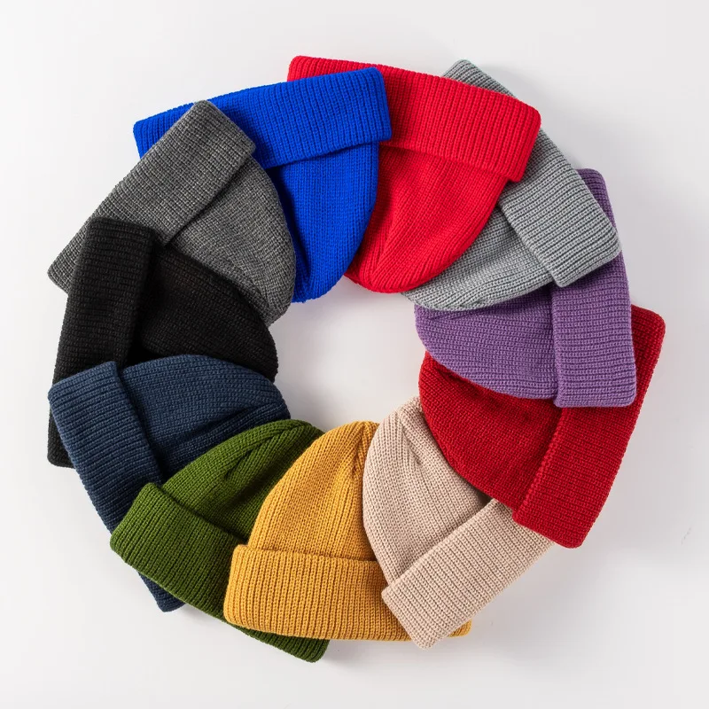 autumn winter adult warm multi solid color unisex ribbed acrylic cuffed plain knitted beanie