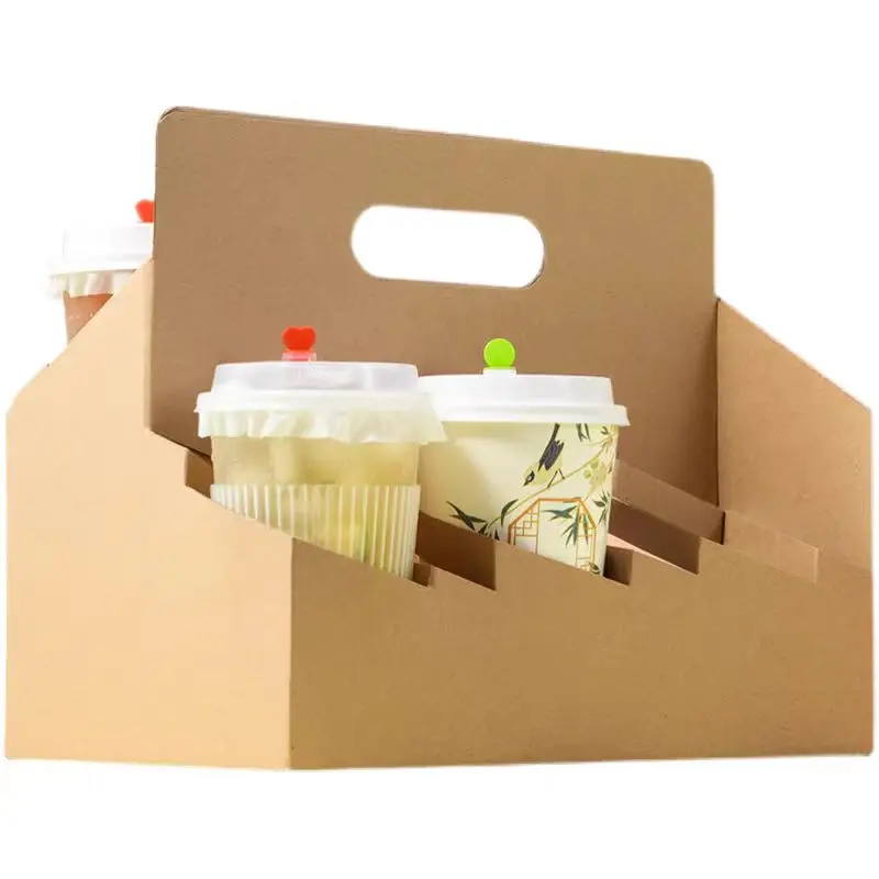 Portable Corrugated Brown Kraft Paper Coffee Cup Holder Tray 6 Cup Takeaway Drink Paper Carrier Tray Stamped Whisky Tequila