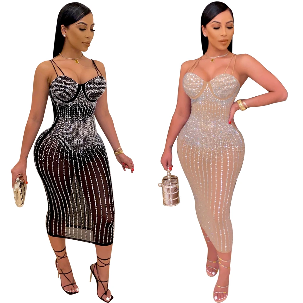2021Jewel  Feast Sexy  Summer Girl Elegant Long Party Lady Maxi Bodycon New Womens Diamond Night Club Dresses