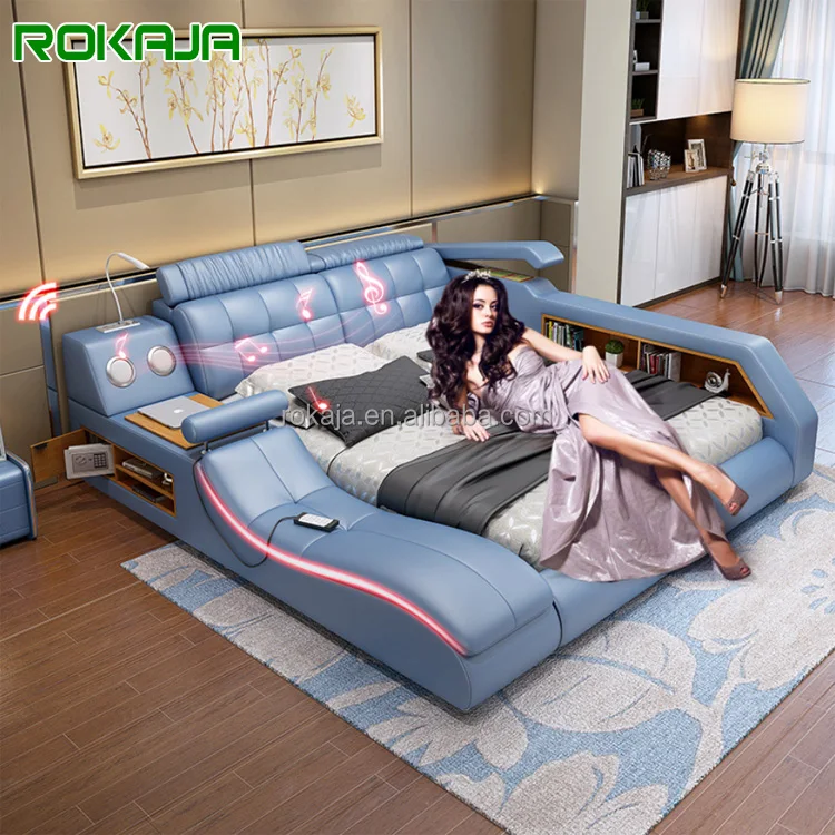 Modern Genuine Leather Bed With Led Light Multifunctional Bedroom Sets With Storage Massage Smart Laptop Table For Bed