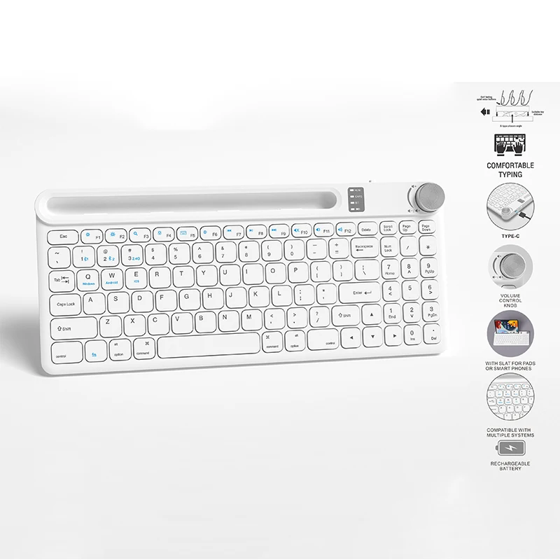 Bluetooth BT 2.4G Dual Mode Keyboard Rechargeable with Phone Holder  and Multimedia Knob for Tablet computer phone