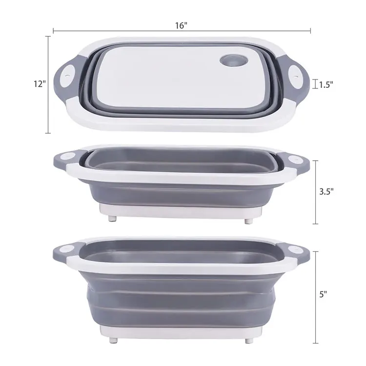 Multifunctional Kitchen Vegetable Wash Basket Silicone Dish Tub Foldable Storage Basin  with Strainer Foldable Cutting Board