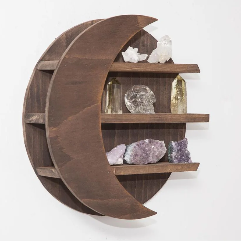 Wall mounted display natural wooden crescent half moon shelf for crystal
