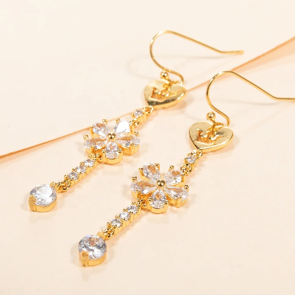 Luxury crown pattern brass flower round zircon diamonds 18k real gold earrings for women jewelry
