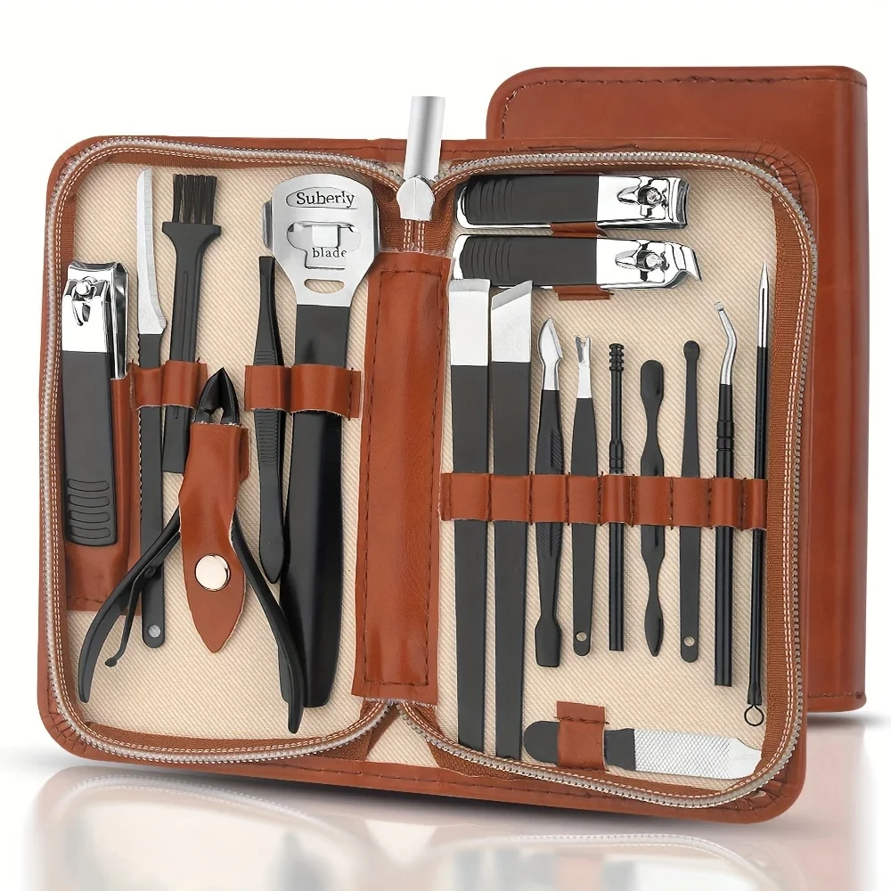 Professional Nail Clippers Manicure Set 18 In 1 Full Function Kit Stainless Steel Pedicure Sets With Leather Portable Case Gift