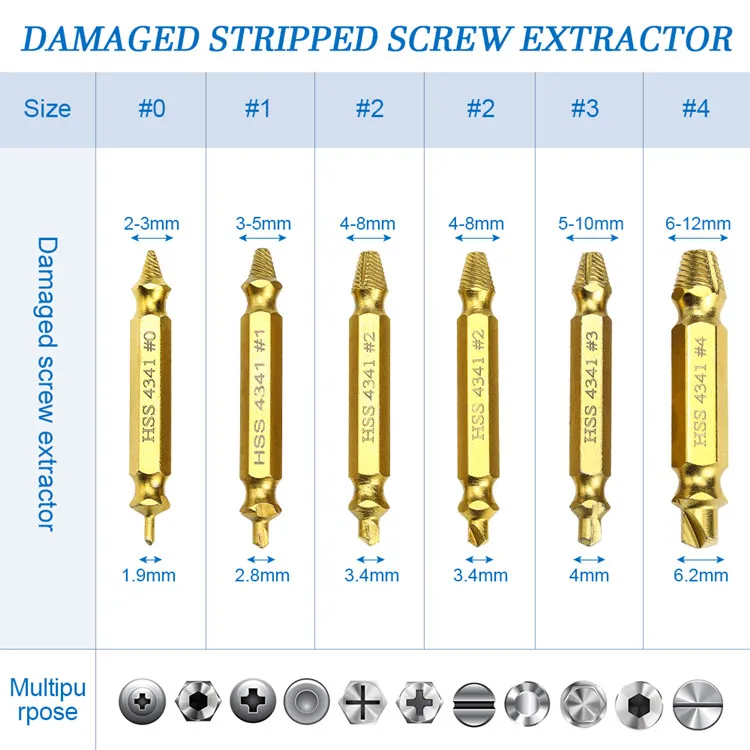 Manufacturer 4PC 5PC 6PC NINDEJIN  Titanium Plated Stripped Screw Extractor Set Speed Out Damaged Screw Extractor Kit