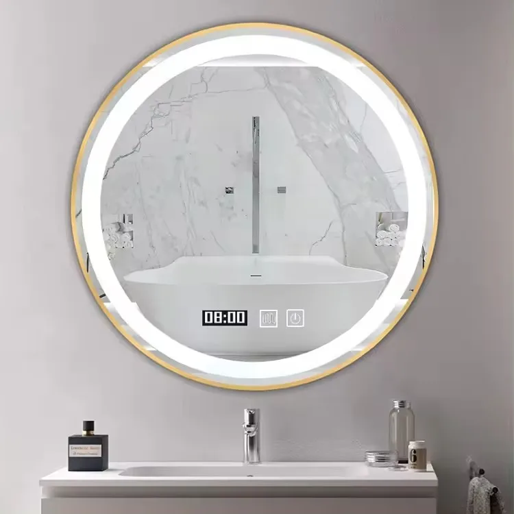 Wholesale wall decoration gold framed led bathroom mirror anti fog bath mirror with light