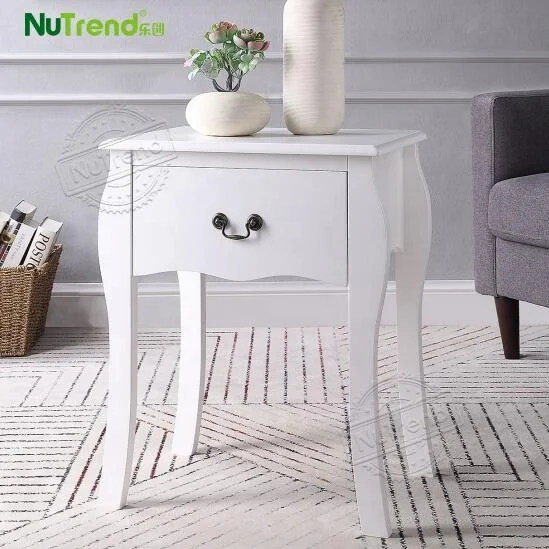 Wooden MDF White Living Room Sofa Bed Side End Table French Country Retro Mid Century Bedroom Curved Legs Nightstands