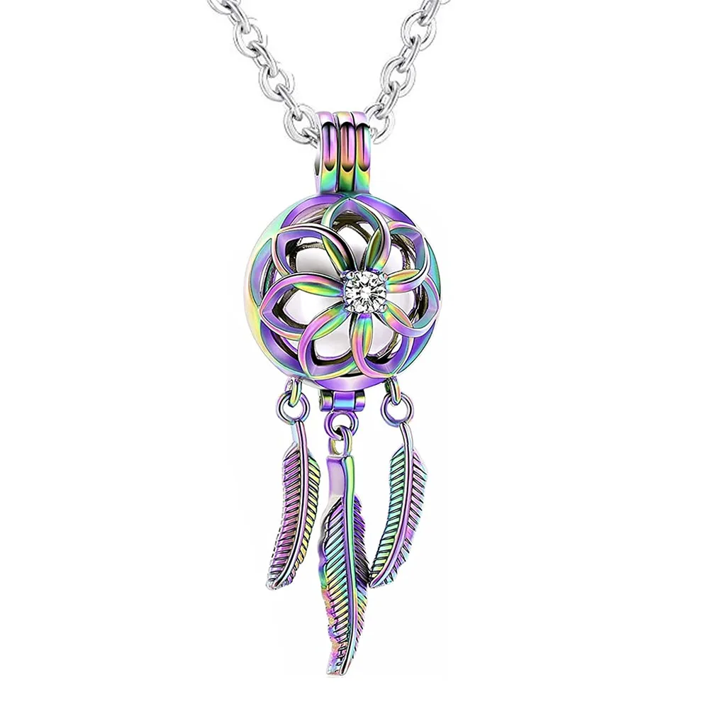 Stainless Steel Cremation Jewelry Urn Pendant Necklace with Hollow Urn Cremation Jewelry for Ashes Blossom Cage with Feather