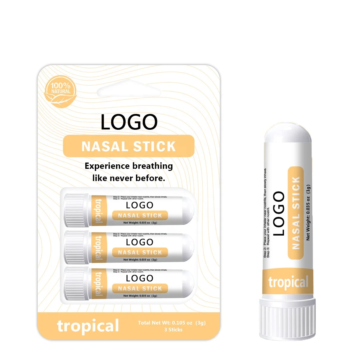 Private Label Nasal Stick (3 Pack) Enhances Breathing Aromatherapy Inhaler Made with Essential Oils + Menthol (Tropical)