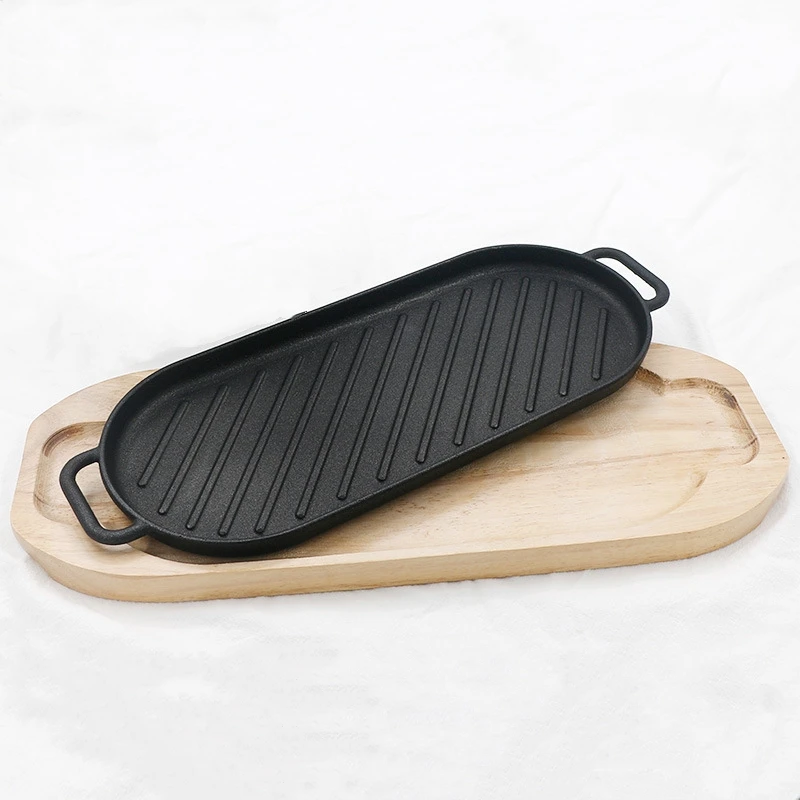 Preseasoned cast iron sizzler platter with wood base Servierpfanne gusseisen steakpfanne grillpfanne for kuche