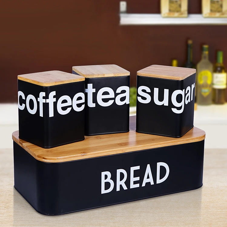Factory Price Metal Kitchen Canister Set 3 Coffee Sugar Tea Storage Jars with Bamboo Lid