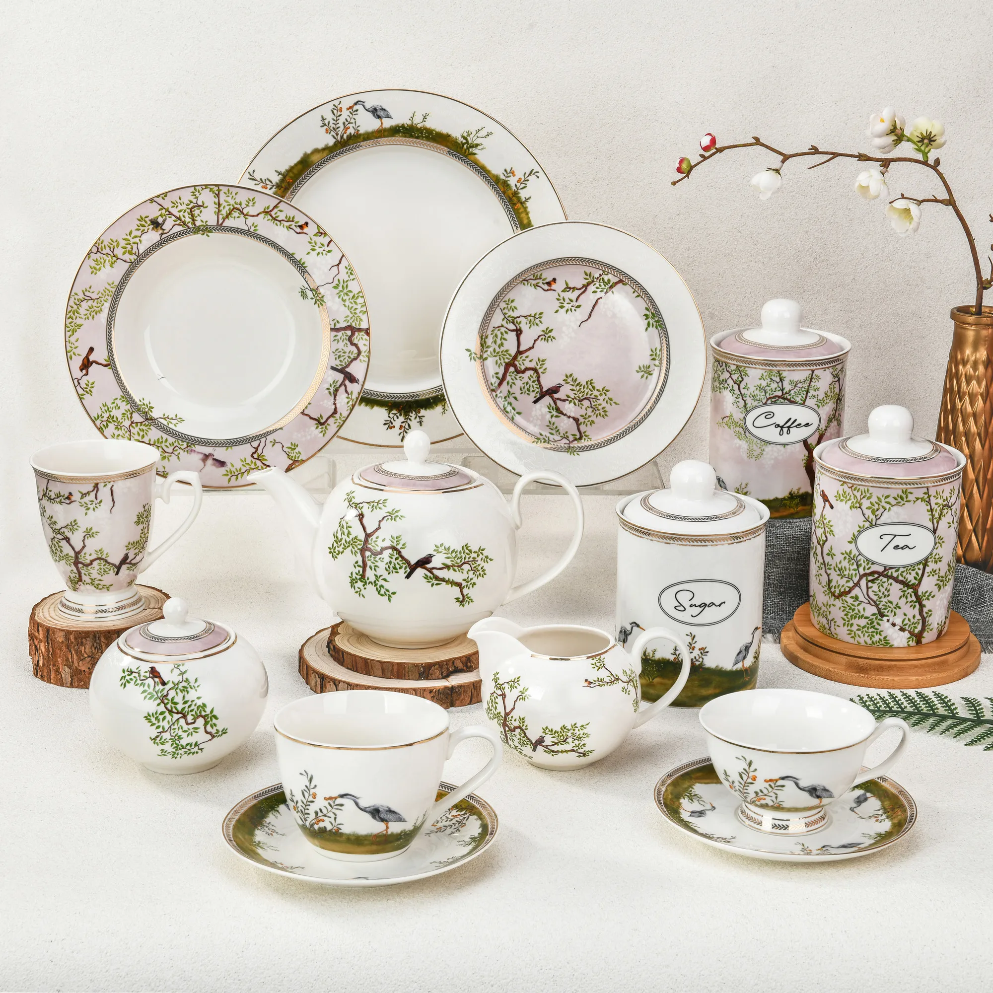Creative Ceramic Bowl Set Ceramic Plates Sets Dinnerware Tableware Spring Green Leaves Round Ceramic Dinner Plate Bowl Set