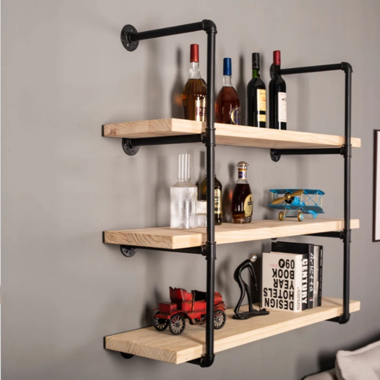 Industrial Loft Style Wall Mounted Pipe Shelf with Wood Floating Rack for Home Wall Decoration