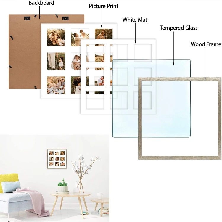 9-Panel Photo Frame with Mat to Display 9 Pictures for Wall or Tabletop Display