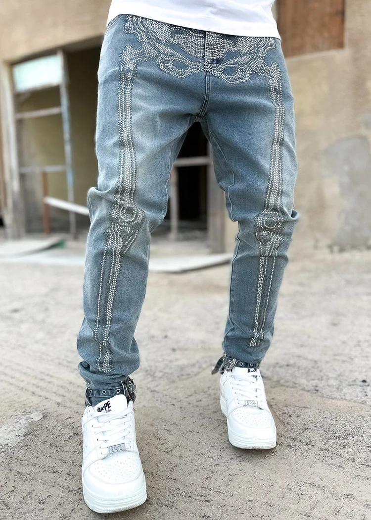 New arrivals sublimation skeleton jeans custom logo rhinestone jeans for men