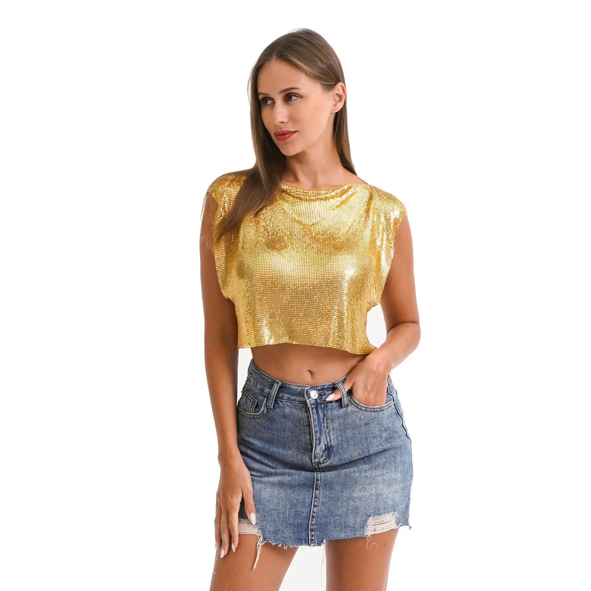 Product Sequins Top Clothes Hot Girl Vest Nightclub Metal T-Shirt For Women