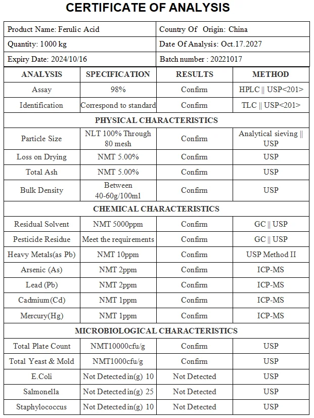 Factory Supply Cosmetic Grade Ferulic Acid 98% 1135-24-6 High Quality Natural Ferulic Acid Powder