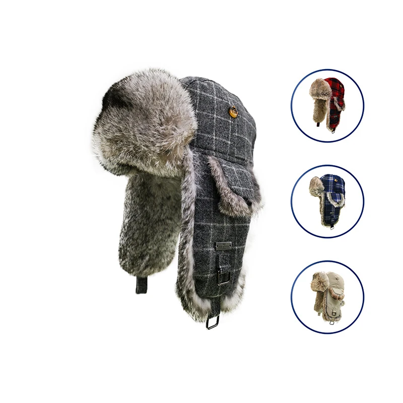 A102 FUR WINTER Wool Blend Diamond Check Plaid Rabbit Fur Aviator Bomber Trapper Trooper Ski Hat