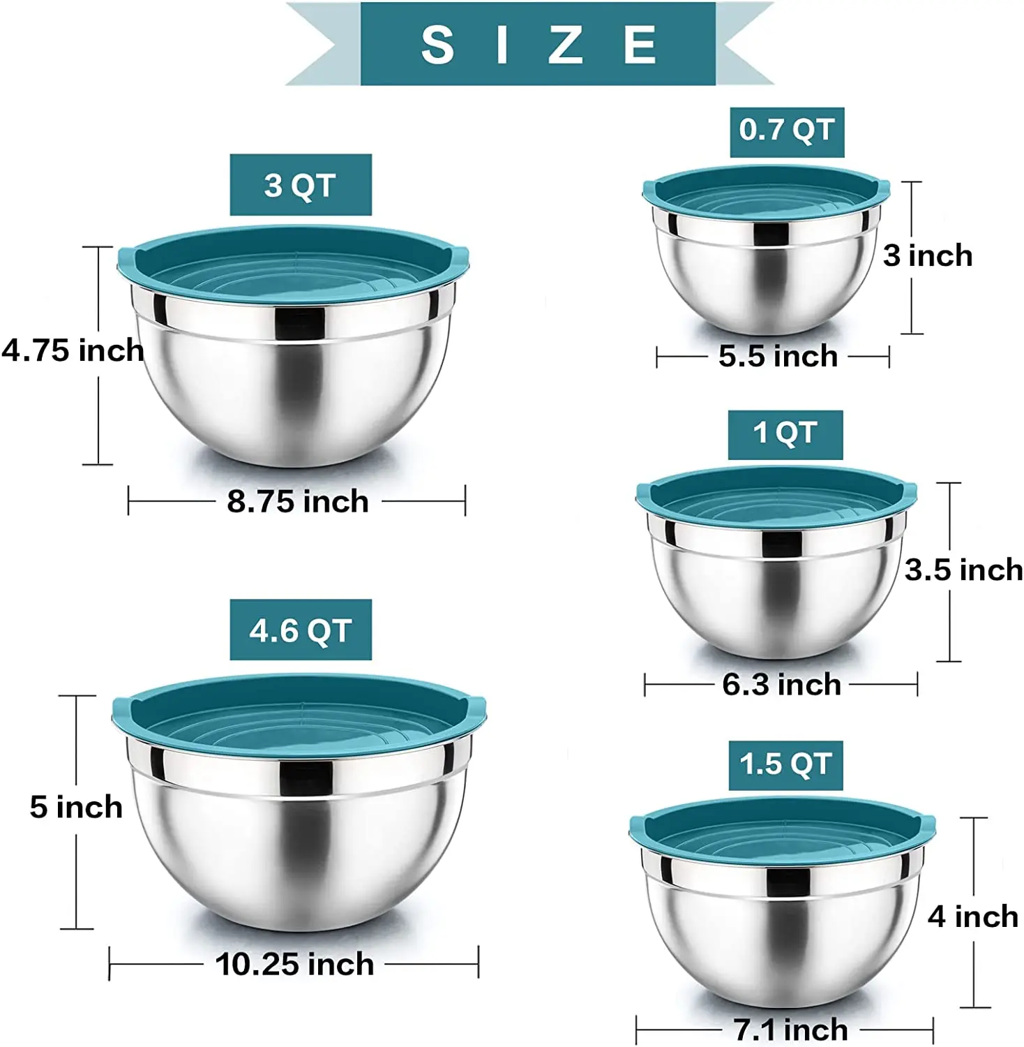 Mixing and Serving Set of 5 Metal Salad Bowls Stainless Steel Kitchen Bowl Sets with Green Airtight Lids