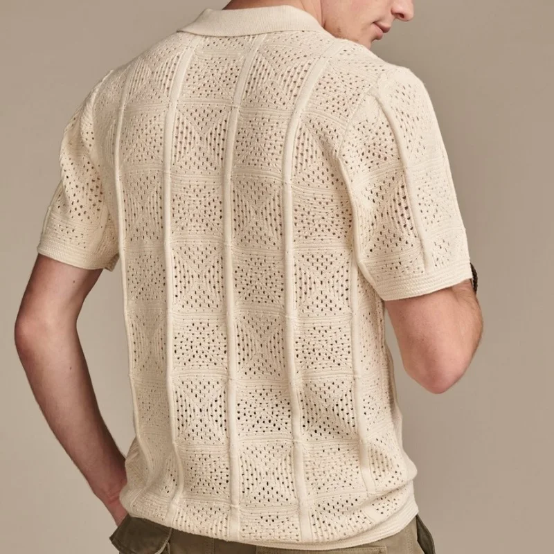 Wholesale Custom Cotton Men Knit Short Sleeves Button High-Quality Mesh Open Knitwear Summer Spring Fashion Plaid T-shirt