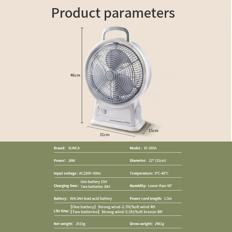 12 inch High power portable portable dual battery charging and plug-in electric bench fan