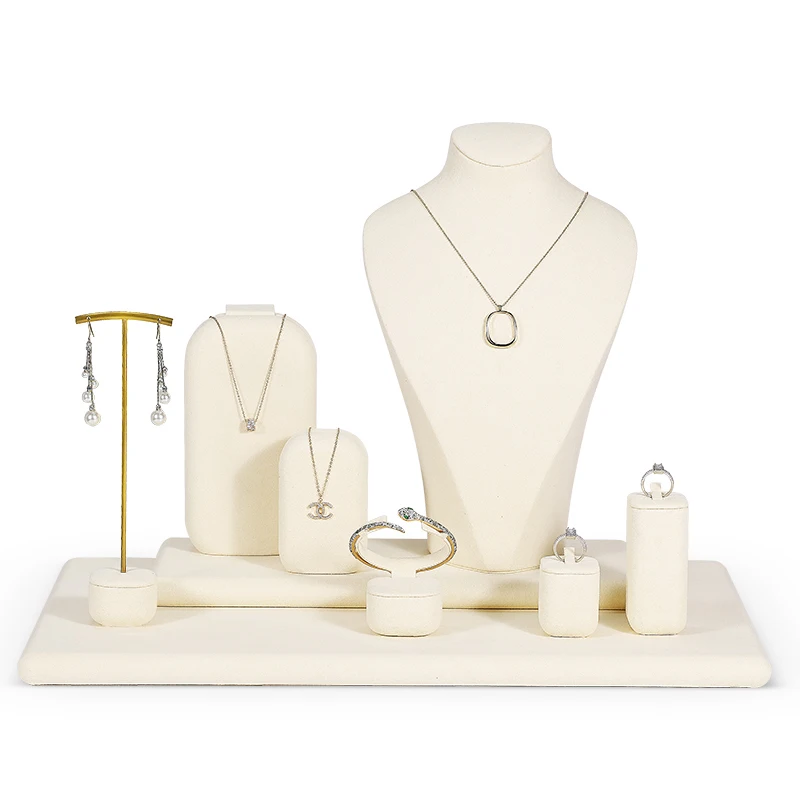 Jinsky Custom  beige Jewellery Display Stand Holder microfiber Luxury Jewelry Display Set