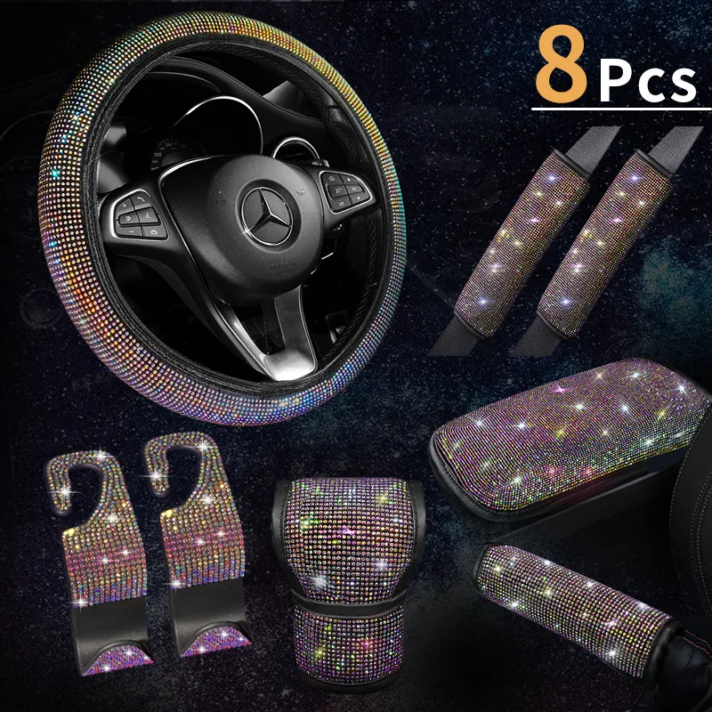 Custom 8pcs Shining luxury bling rhinestone steering wheel cover full setUniversal car steering wheel cover for women diamond
