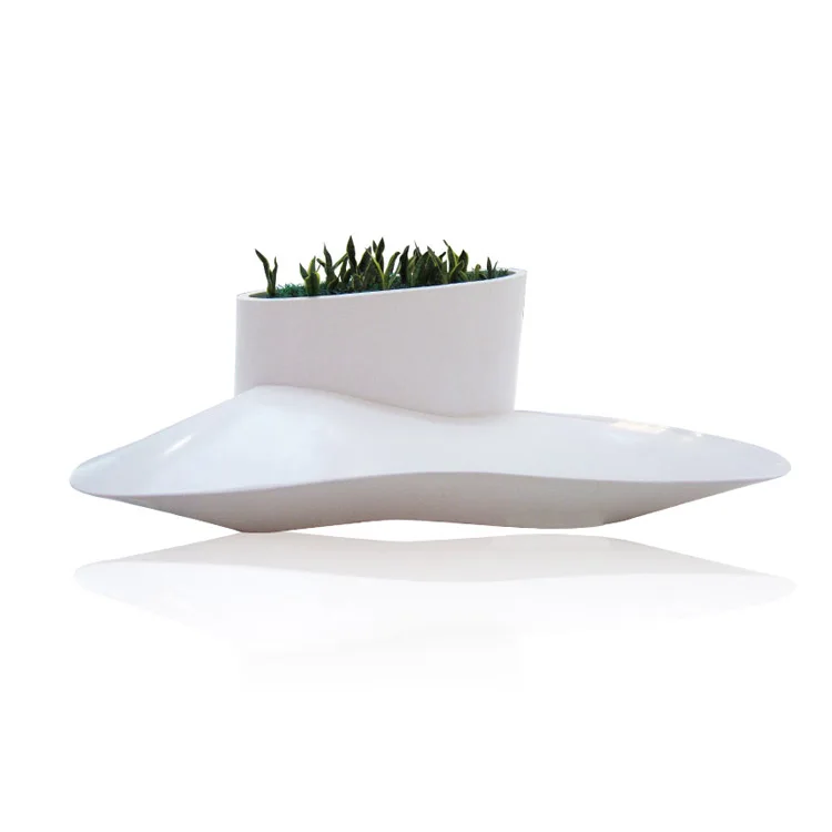 Fiberglass bench chair with mid planter pot for airport lobby decoration seating and waiting