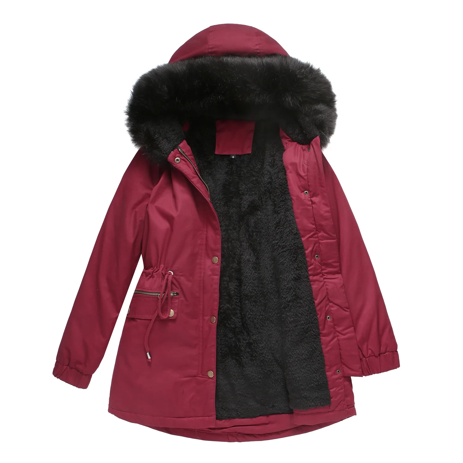 Hooded Womens Mid-Length Winter Coat Long Lined Parka Jacket Lined With Fleece Warm Padding Thicken Overcoat