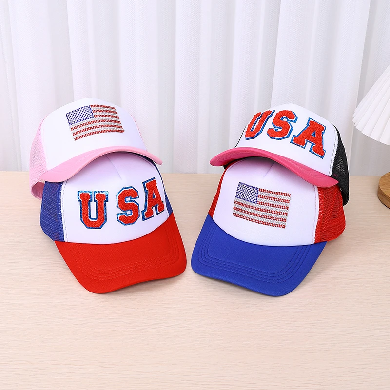 Fashion Snap Back Trucker Hat Wholesale Running Beach Hat Sports Baseball Cap Adult Women Mesh Trucker Hat with USA Flag