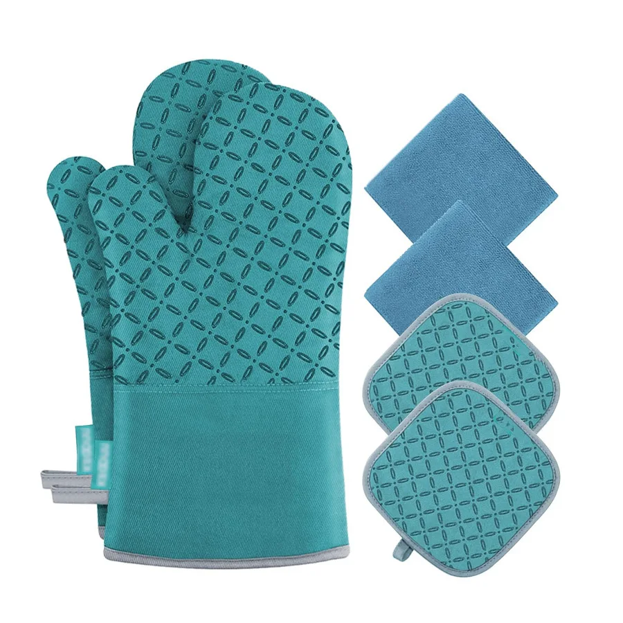 Hot Selling Cotton Lined Padded Mittens Non-Slip Silicone Heat Mats Insulated Oven Gloves High Temperature Baking Oven Gloves